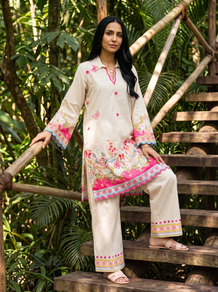 Dhanak | Casual Pret | OFF WHITE LAWN 2PCS EMBROIDERED KURTA WITH TROUSER - House Of Hania
