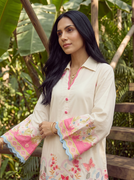 Dhanak | Casual Pret | OFF WHITE LAWN 2PCS EMBROIDERED KURTA WITH TROUSER - House Of Hania