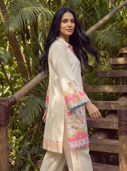 Dhanak | Casual Pret | OFF WHITE LAWN 2PCS EMBROIDERED KURTA WITH TROUSER - House Of Hania