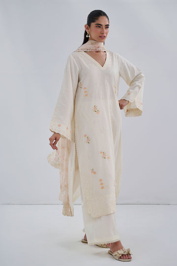 Dhanak | Casual Pret | OFFWHITE COTTON JACQUARD 2PCS EMBROIDERED KURTA WITH TROUSER - House Of Hania