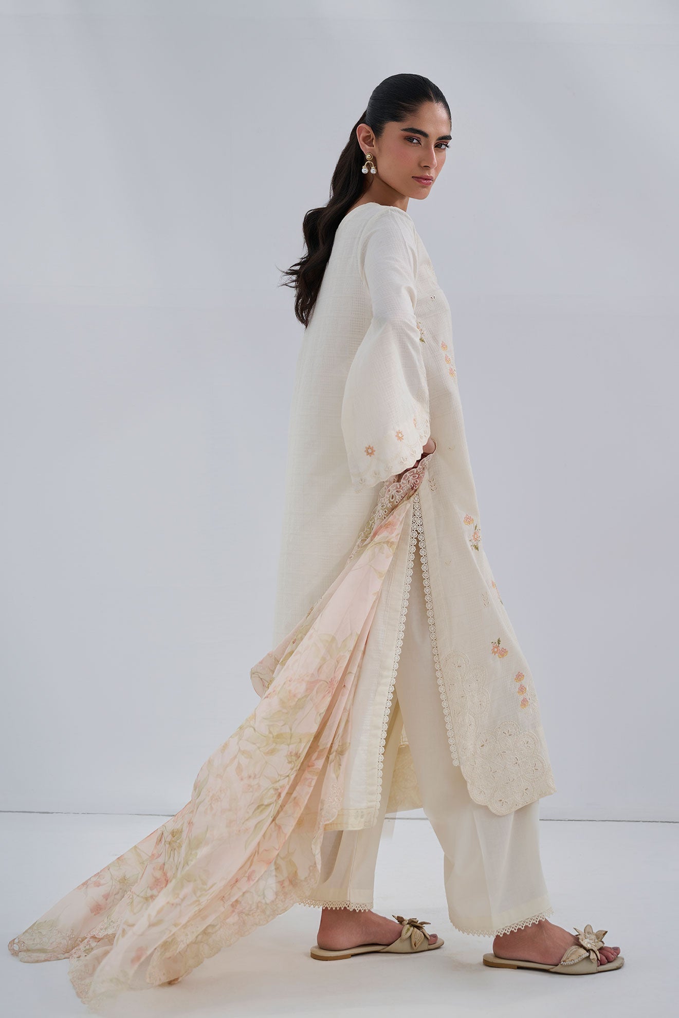Dhanak | Casual Pret | OFFWHITE COTTON JACQUARD 2PCS EMBROIDERED KURTA WITH TROUSER - House Of Hania