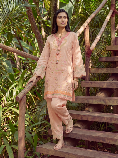 Dhanak | Casual Pret | ORANGE LAWN 2PCS EMBROIDERED KURTA WITH TROUSER - House Of Hania