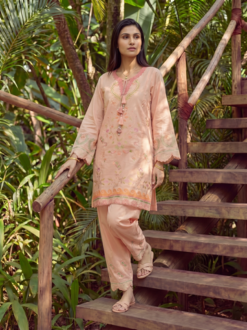 Dhanak | Casual Pret | ORANGE LAWN 2PCS EMBROIDERED KURTA WITH TROUSER - House Of Hania