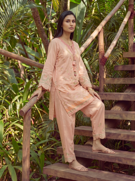 Dhanak | Casual Pret | ORANGE LAWN 2PCS EMBROIDERED KURTA WITH TROUSER - House Of Hania