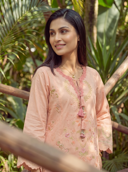 Dhanak | Casual Pret | ORANGE LAWN 2PCS EMBROIDERED KURTA WITH TROUSER - House Of Hania