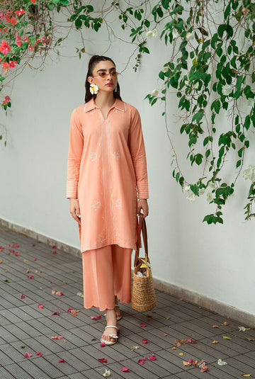 Dhanak | Casual Pret | PEACH 2PCS EMBROIDERED KURTA WITH TROUSER - House Of Hania