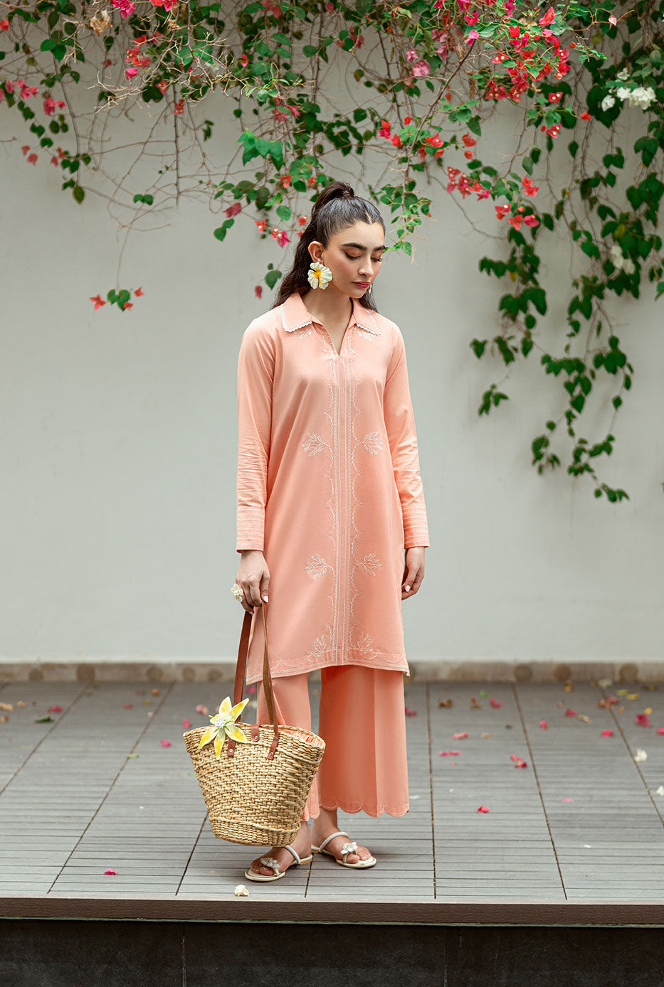 Dhanak | Casual Pret | PEACH 2PCS EMBROIDERED KURTA WITH TROUSER - House Of Hania