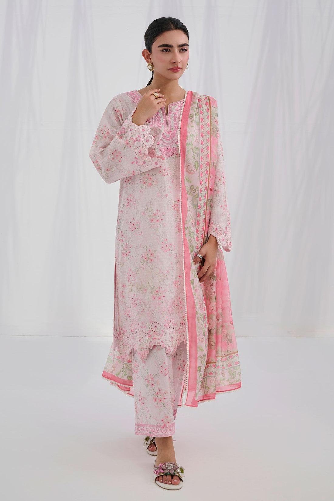 Dhanak | Casual Pret | PINK COTTON JACQUARD 2PCS EMBROIDERED KURTA WITH TROUSER - House Of Hania