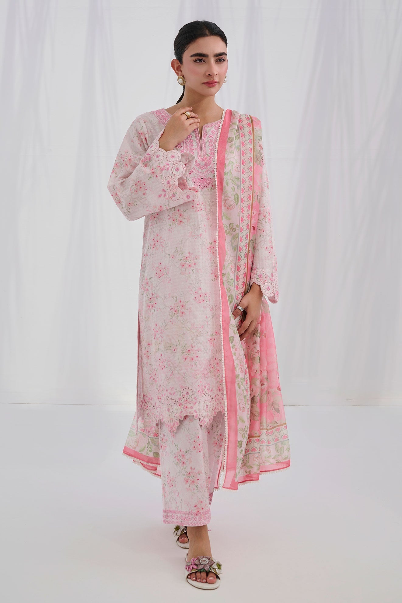Dhanak | Casual Pret | PINK COTTON JACQUARD 2PCS EMBROIDERED KURTA WITH TROUSER - House Of Hania