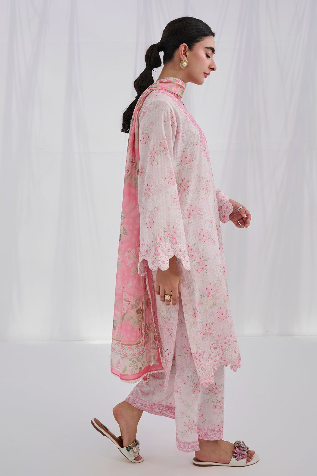 Dhanak | Casual Pret | PINK COTTON JACQUARD 2PCS EMBROIDERED KURTA WITH TROUSER - House Of Hania