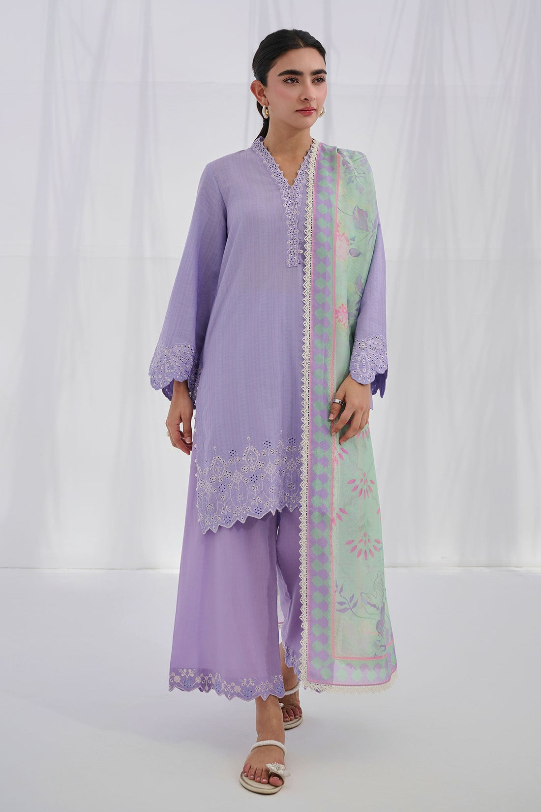 Dhanak | Casual Pret | PURPLE COTTON JACQUARD 2PCS EMBROIDERED KURTA WITH TROUSER - House Of Hania