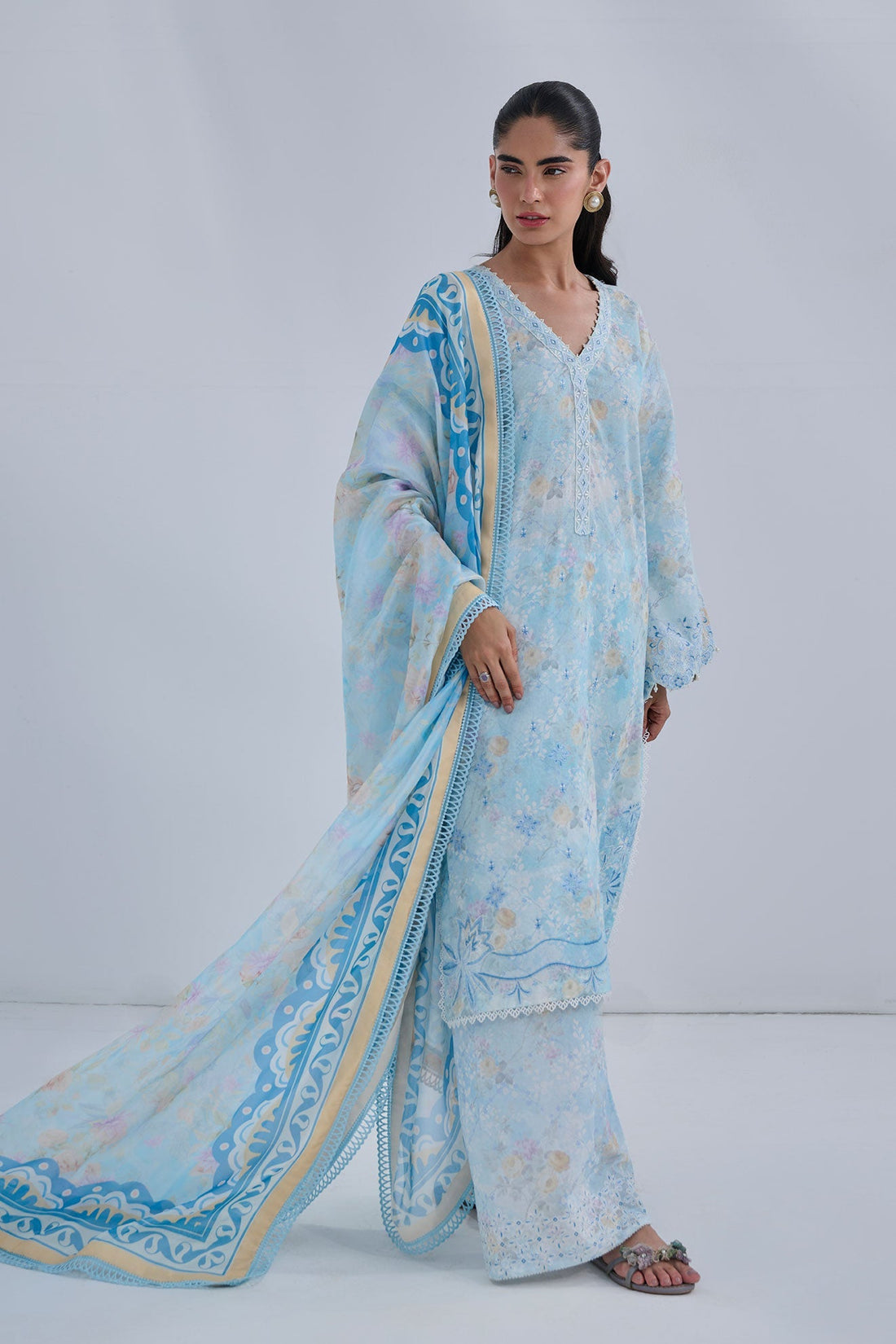 Dhanak | Casual Pret | SKY BLUE COTTON JACQUARD 2PCS EMBROIDERED KURTA WITH TROUSER - House Of Hania