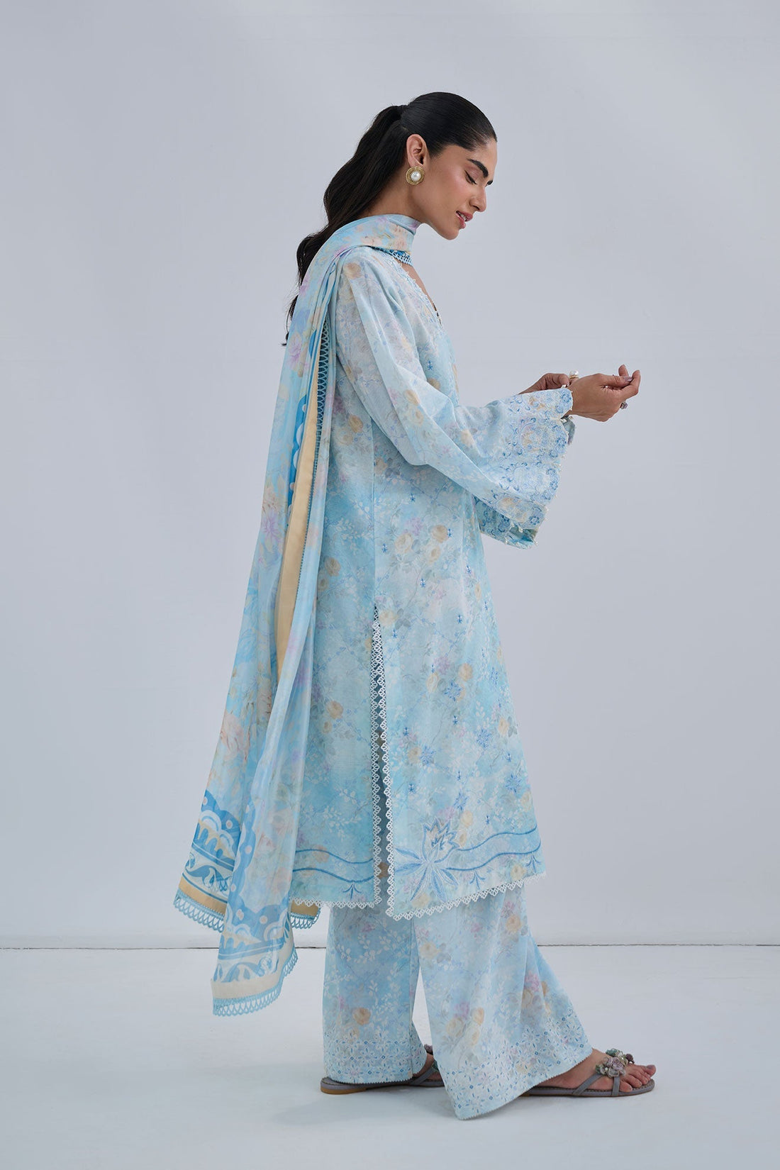 Dhanak | Casual Pret | SKY BLUE COTTON JACQUARD 2PCS EMBROIDERED KURTA WITH TROUSER - House Of Hania