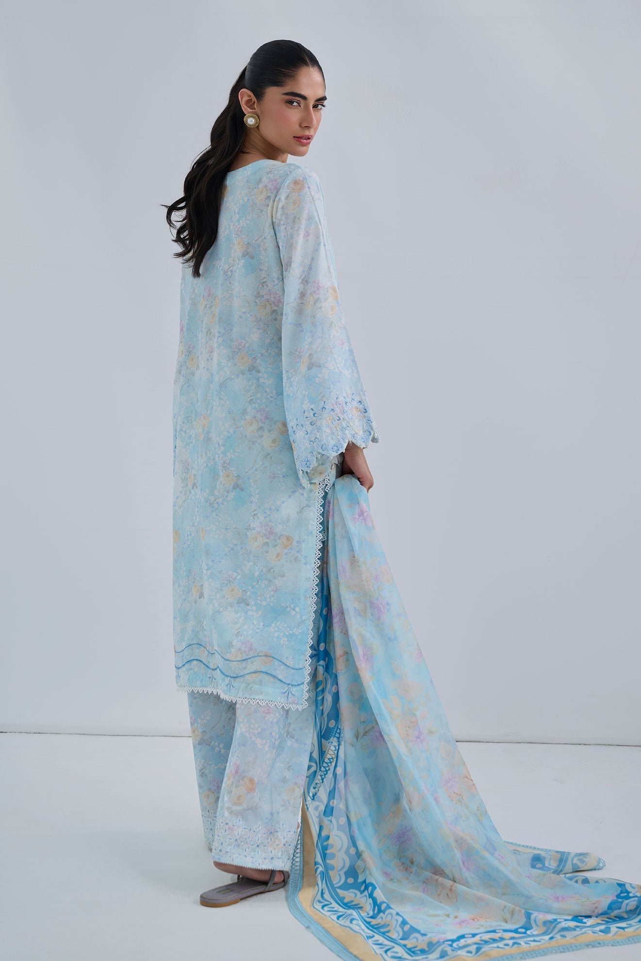 Dhanak | Casual Pret | SKY BLUE COTTON JACQUARD 2PCS EMBROIDERED KURTA WITH TROUSER - House Of Hania