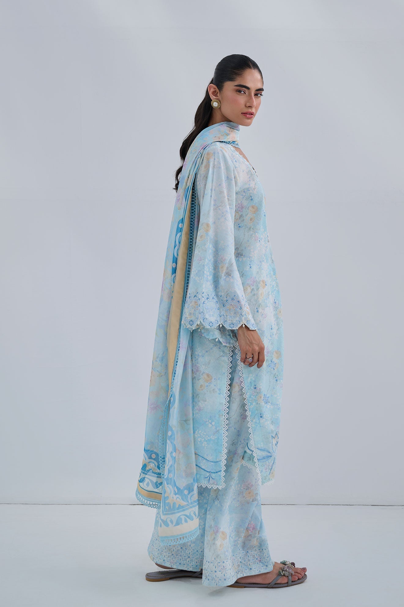 Dhanak | Casual Pret | SKY BLUE COTTON JACQUARD 2PCS EMBROIDERED KURTA WITH TROUSER - House Of Hania