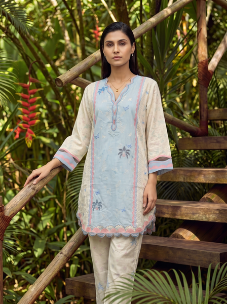 Dhanak | Casual Pret | SKY BLUE LAWN 2PCS EMBROIDERED KURTA WITH TROUSER - House Of Hania