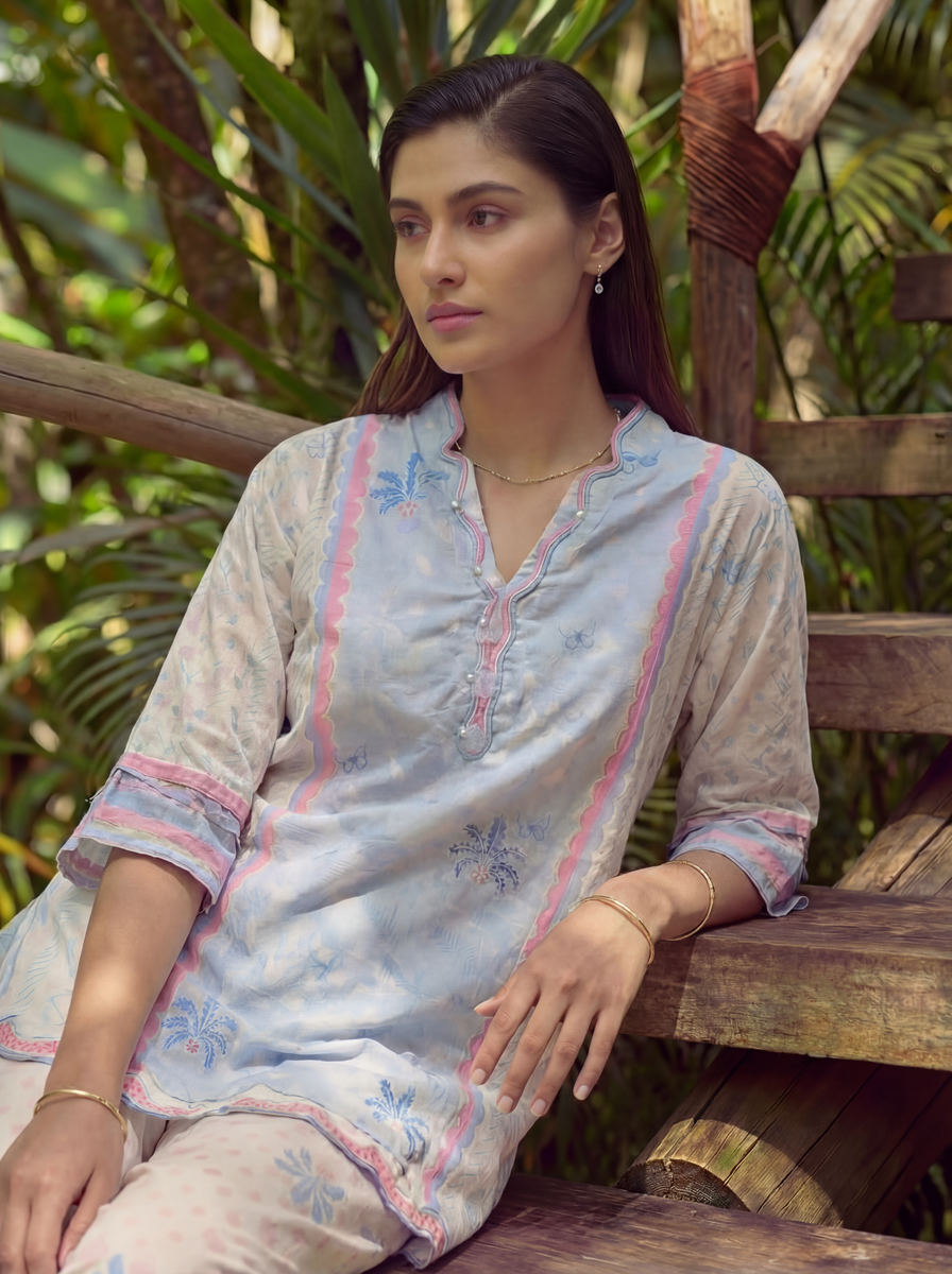 Dhanak | Casual Pret | SKY BLUE LAWN 2PCS EMBROIDERED KURTA WITH TROUSER - House Of Hania