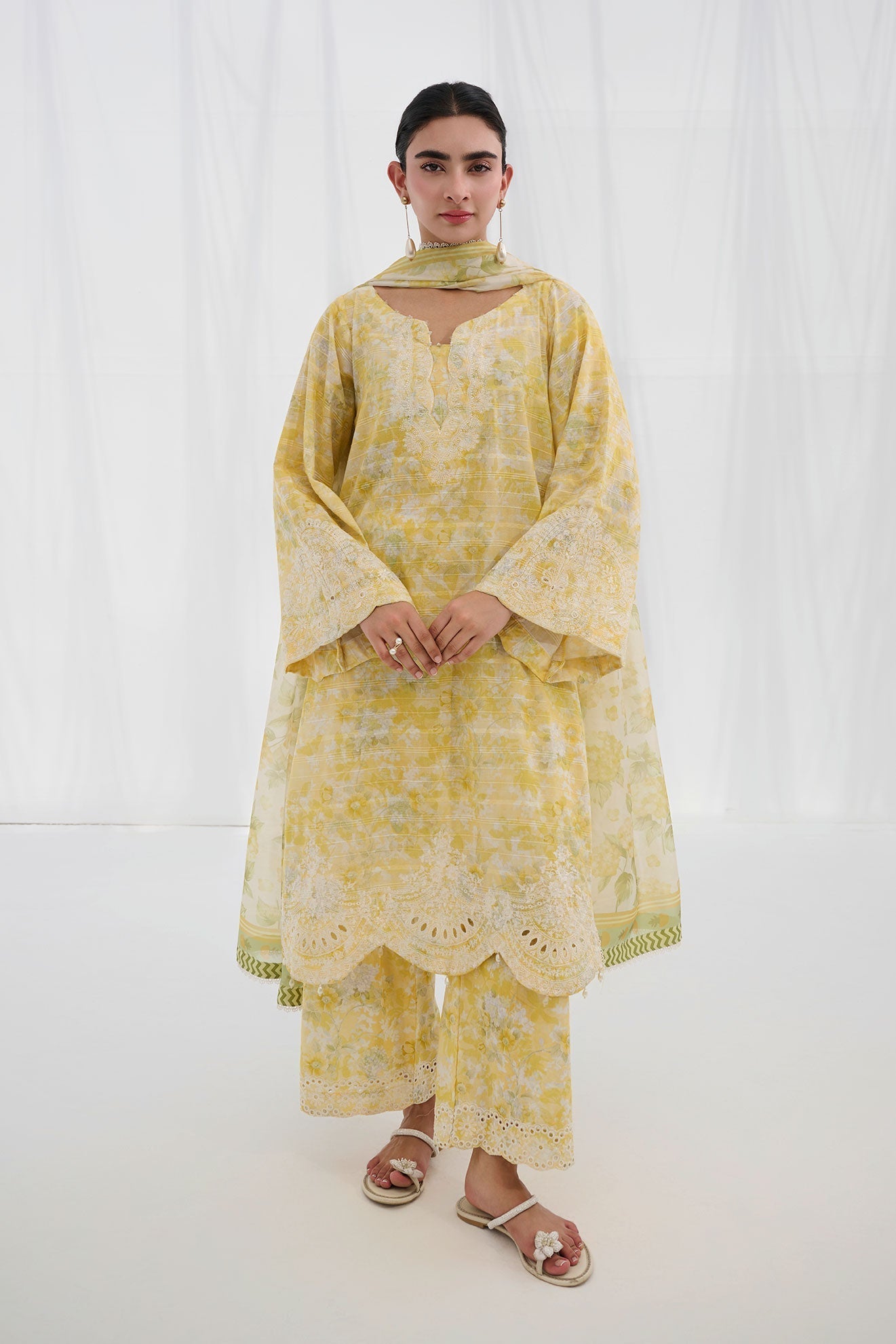 Dhanak | Casual Pret | YELLOW COTTON JACQUARD 2PCS EMBROIDERED KURTA WITH TROUSER - House Of Hania