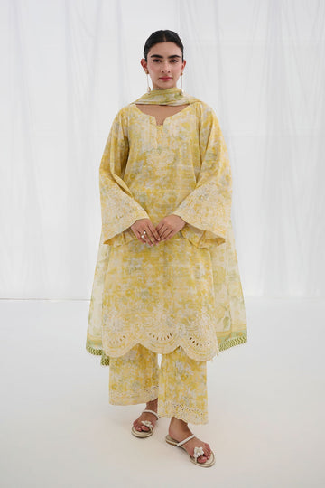 Dhanak | Casual Pret | YELLOW COTTON JACQUARD 2PCS EMBROIDERED KURTA WITH TROUSER - House Of Hania