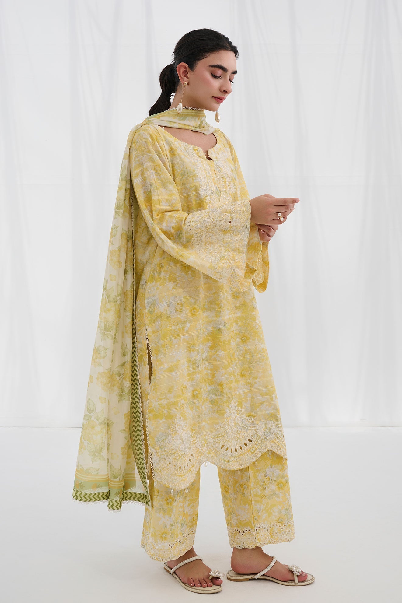 Dhanak | Casual Pret | YELLOW COTTON JACQUARD 2PCS EMBROIDERED KURTA WITH TROUSER - House Of Hania