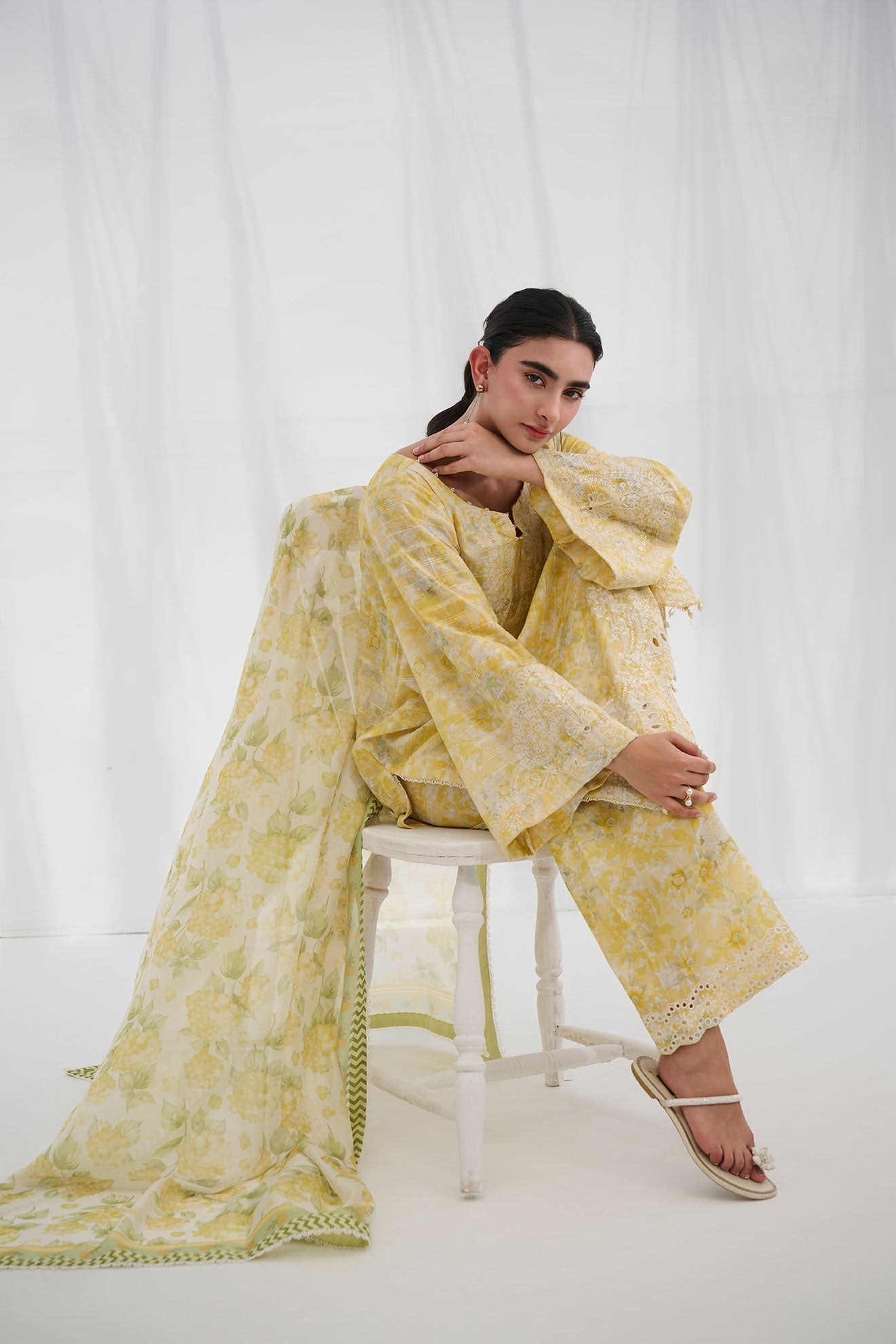 Dhanak | Casual Pret | YELLOW COTTON JACQUARD 2PCS EMBROIDERED KURTA WITH TROUSER - House Of Hania