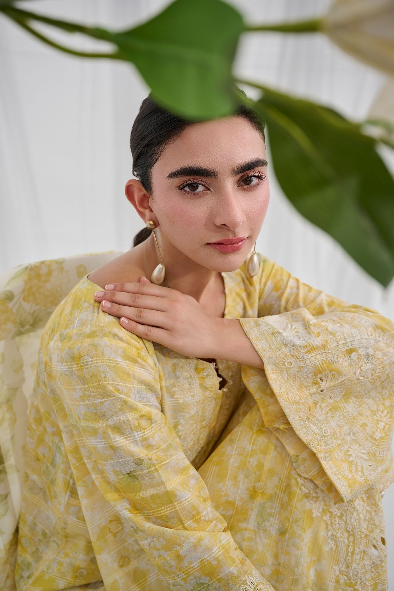 Dhanak | Casual Pret | YELLOW COTTON JACQUARD 2PCS EMBROIDERED KURTA WITH TROUSER - House Of Hania