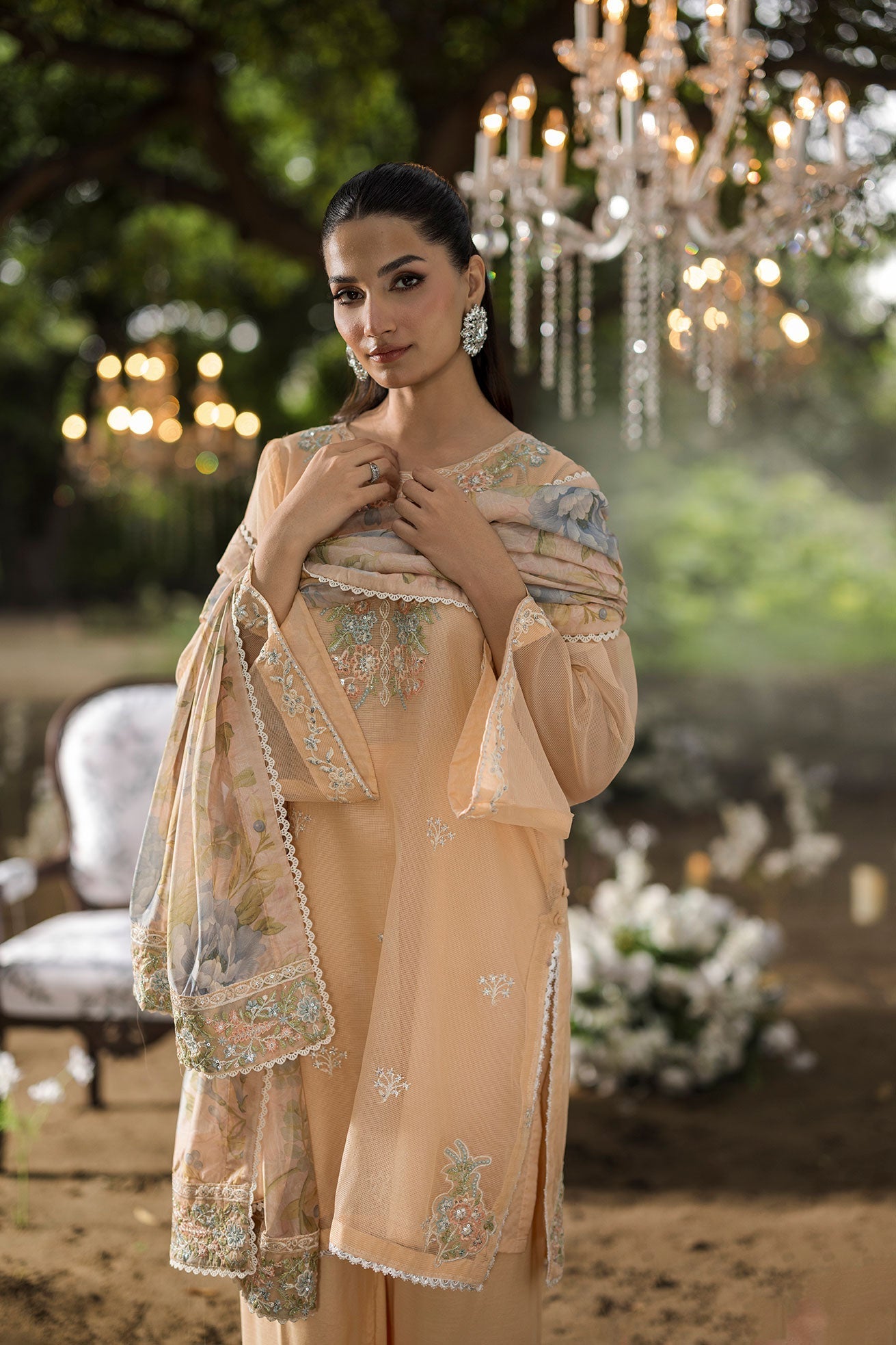 Dhanak | Jardin- Festive Stitched | SS25DU-3207 PEACH 3Pcs - House Of Hania
