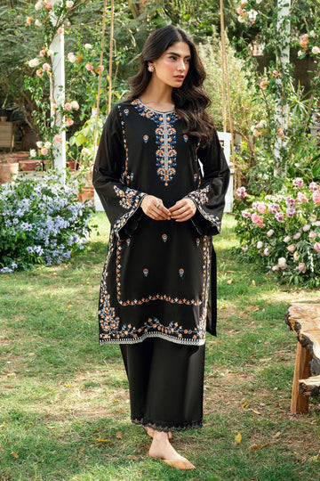 Dhanak | SWISS VOILE | BLACK SWISS VOILE 2PCS EMBROIDERED KURTA WITH TROUSER - House Of Hania