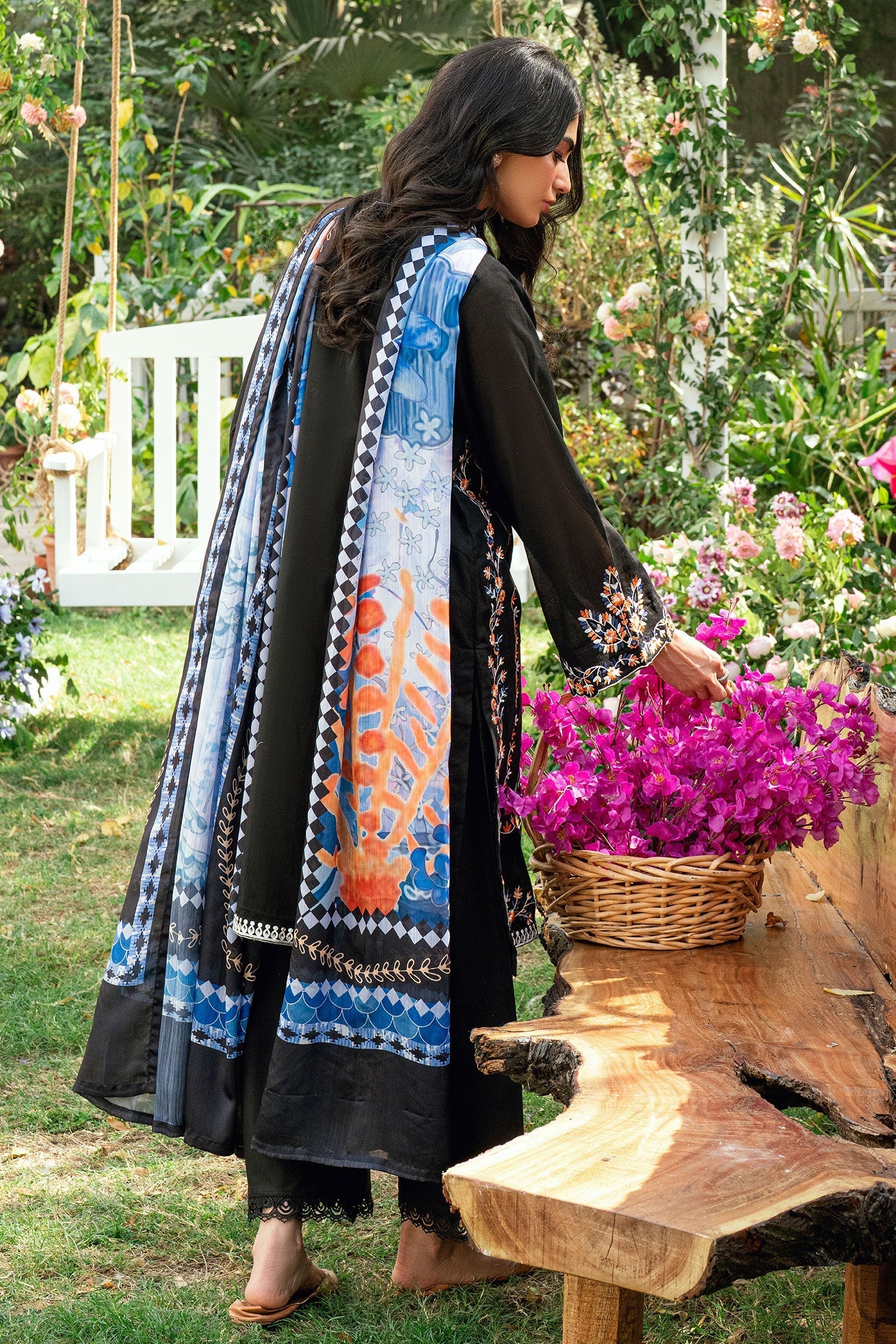 Dhanak | SWISS VOILE | BLACK SWISS VOILE 2PCS EMBROIDERED KURTA WITH TROUSER - House Of Hania