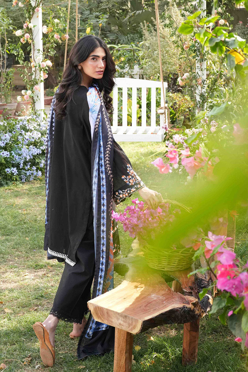 Dhanak | SWISS VOILE | BLACK SWISS VOILE 2PCS EMBROIDERED KURTA WITH TROUSER - House Of Hania