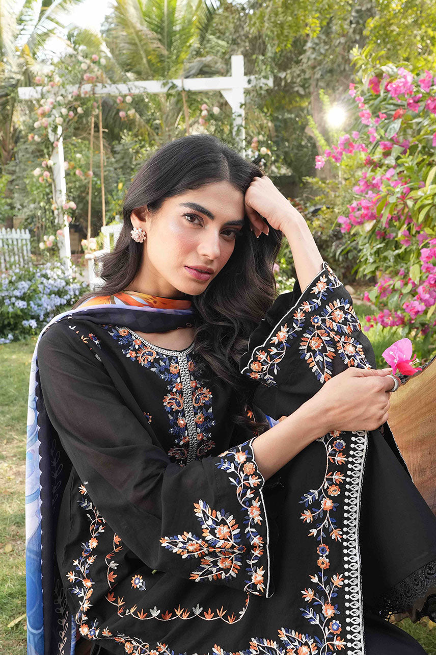Dhanak | SWISS VOILE | BLACK SWISS VOILE 2PCS EMBROIDERED KURTA WITH TROUSER - House Of Hania