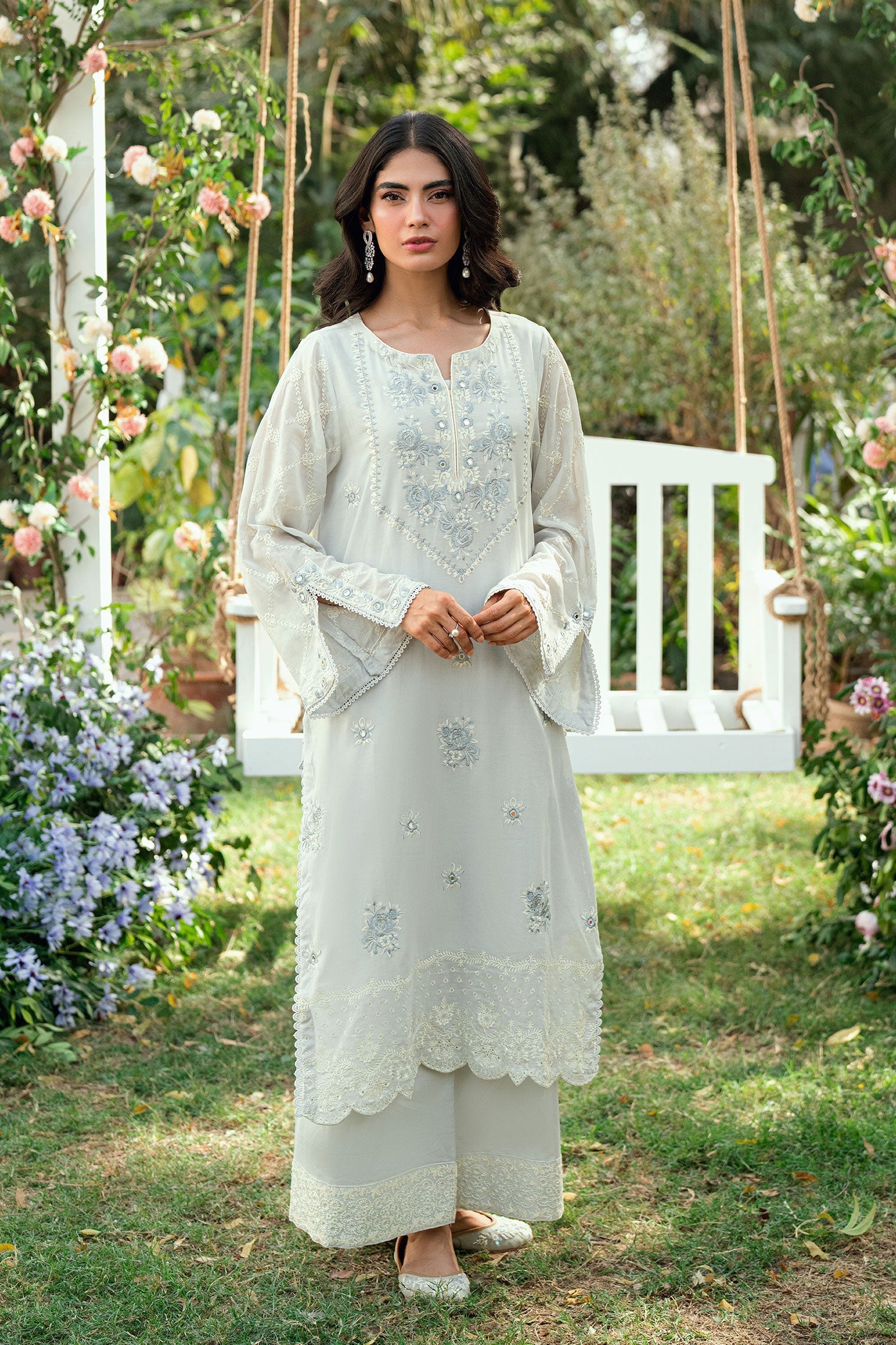 Dhanak | SWISS VOILE | GREY SWISS VOILE 2PCS EMBROIDERED KURTA WITH TROUSER - House Of Hania