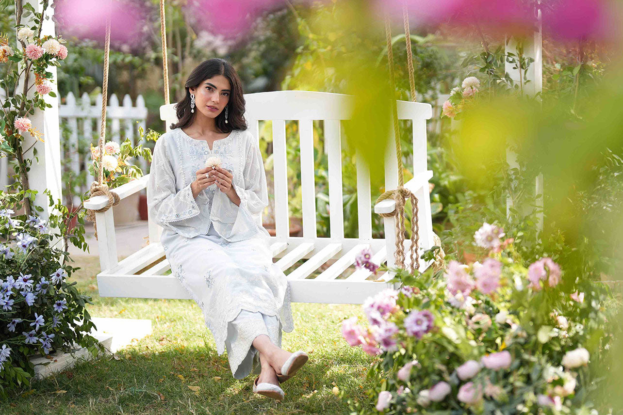 Dhanak | SWISS VOILE | GREY SWISS VOILE 2PCS EMBROIDERED KURTA WITH TROUSER - House Of Hania