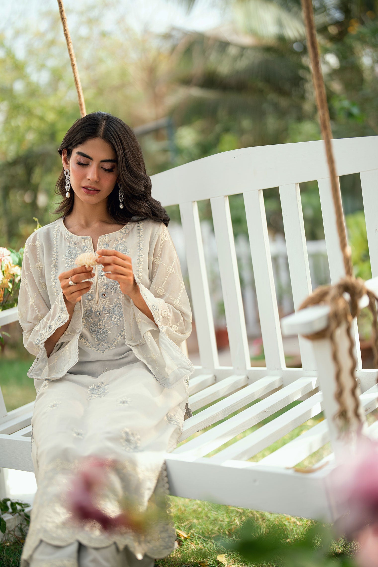 Dhanak | SWISS VOILE | GREY SWISS VOILE 2PCS EMBROIDERED KURTA WITH TROUSER - House Of Hania