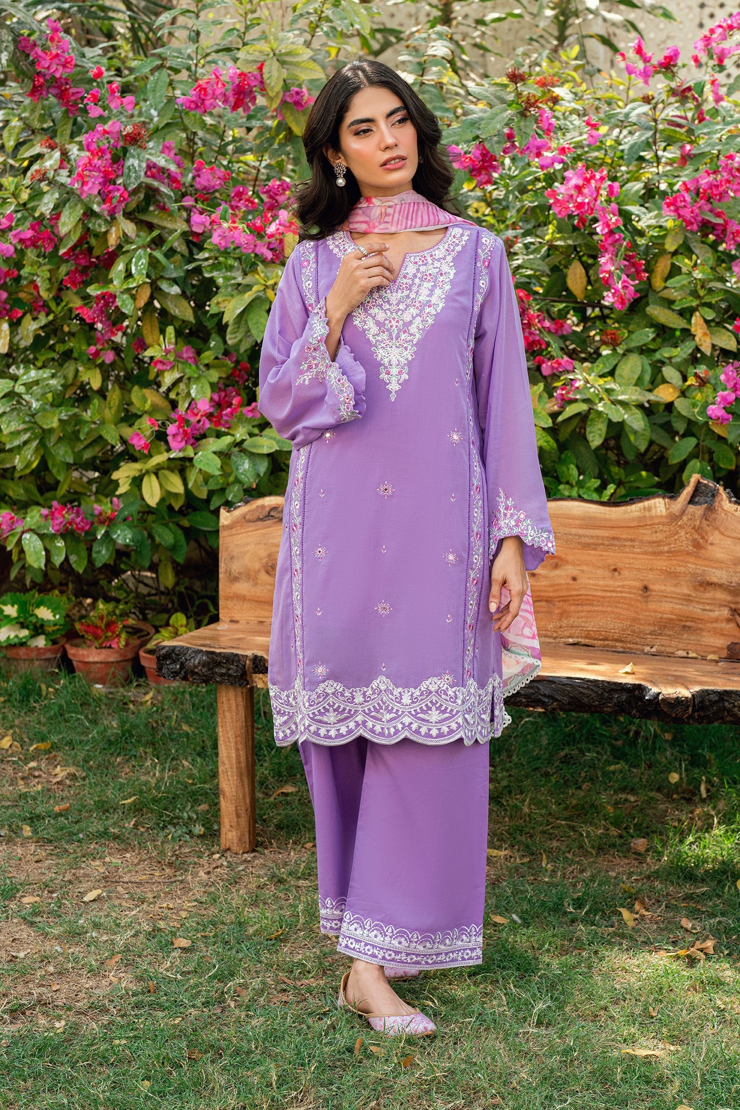 Dhanak | SWISS VOILE | LILAC SWISS VOILE 2PCS EMBROIDERED KURTA WITH TROUSER - House Of Hania