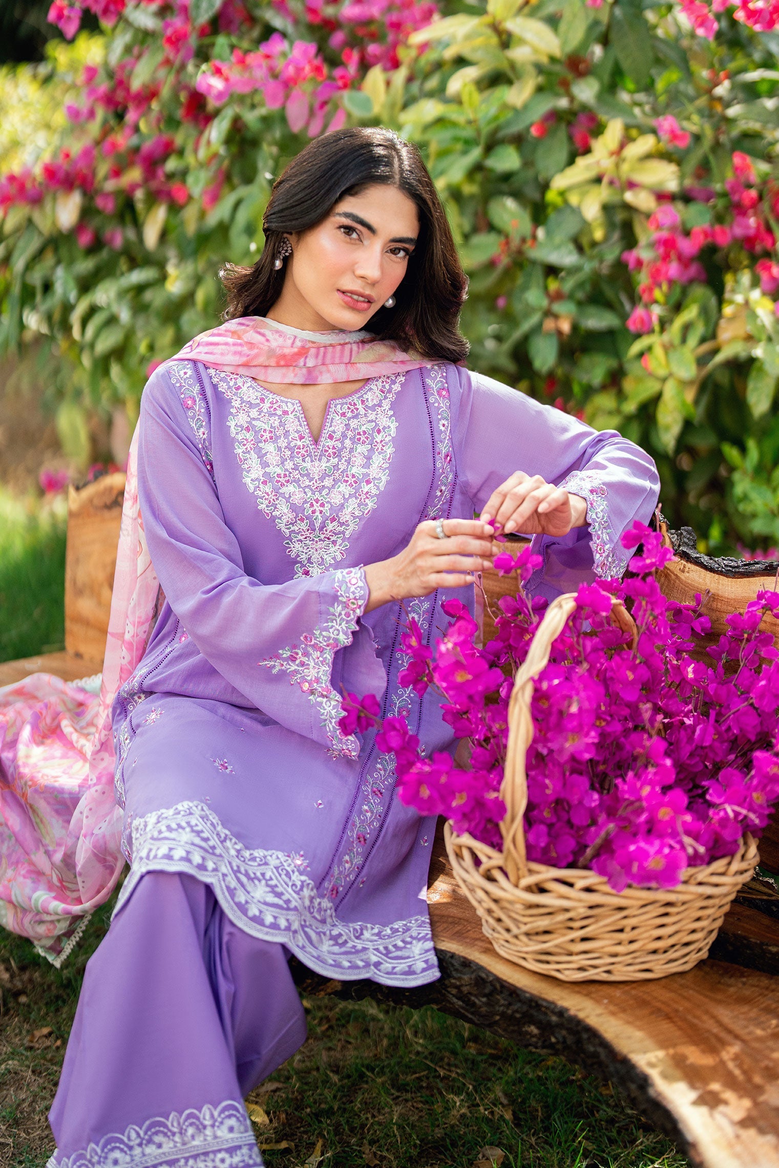 Dhanak | SWISS VOILE | LILAC SWISS VOILE 2PCS EMBROIDERED KURTA WITH TROUSER - House Of Hania