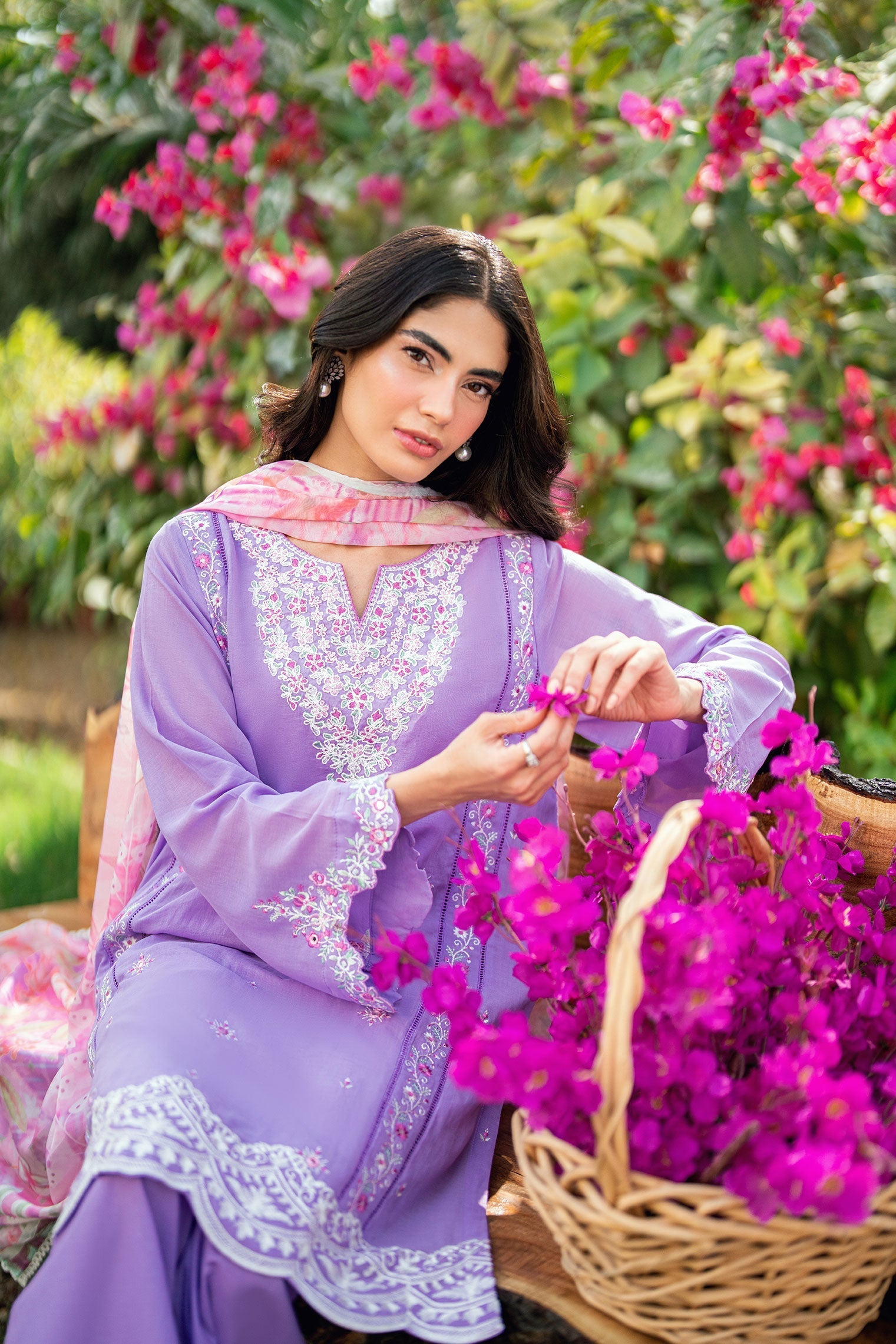 Dhanak | SWISS VOILE | LILAC SWISS VOILE 2PCS EMBROIDERED KURTA WITH TROUSER - House Of Hania