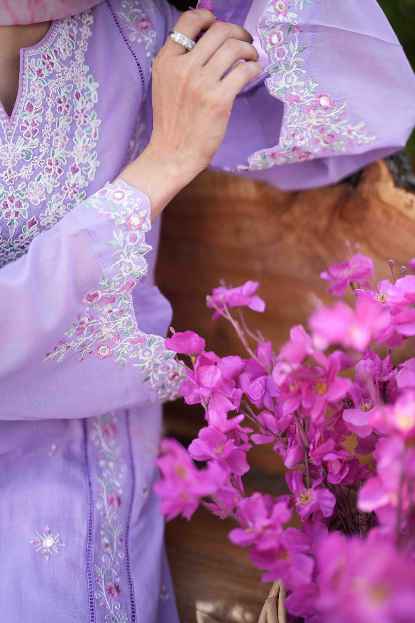 Dhanak | SWISS VOILE | LILAC SWISS VOILE 2PCS EMBROIDERED KURTA WITH TROUSER - House Of Hania