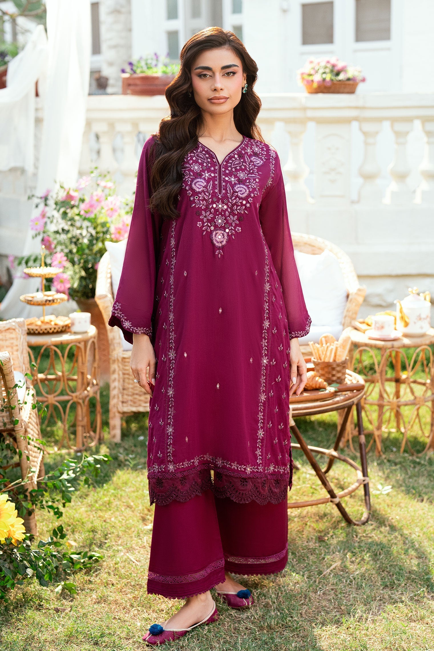 Dhanak | SWISS VOILE | MAGENTA SWISS VOILE 2PCS EMBROIDERED KURTA WITH TROUSER - House Of Hania
