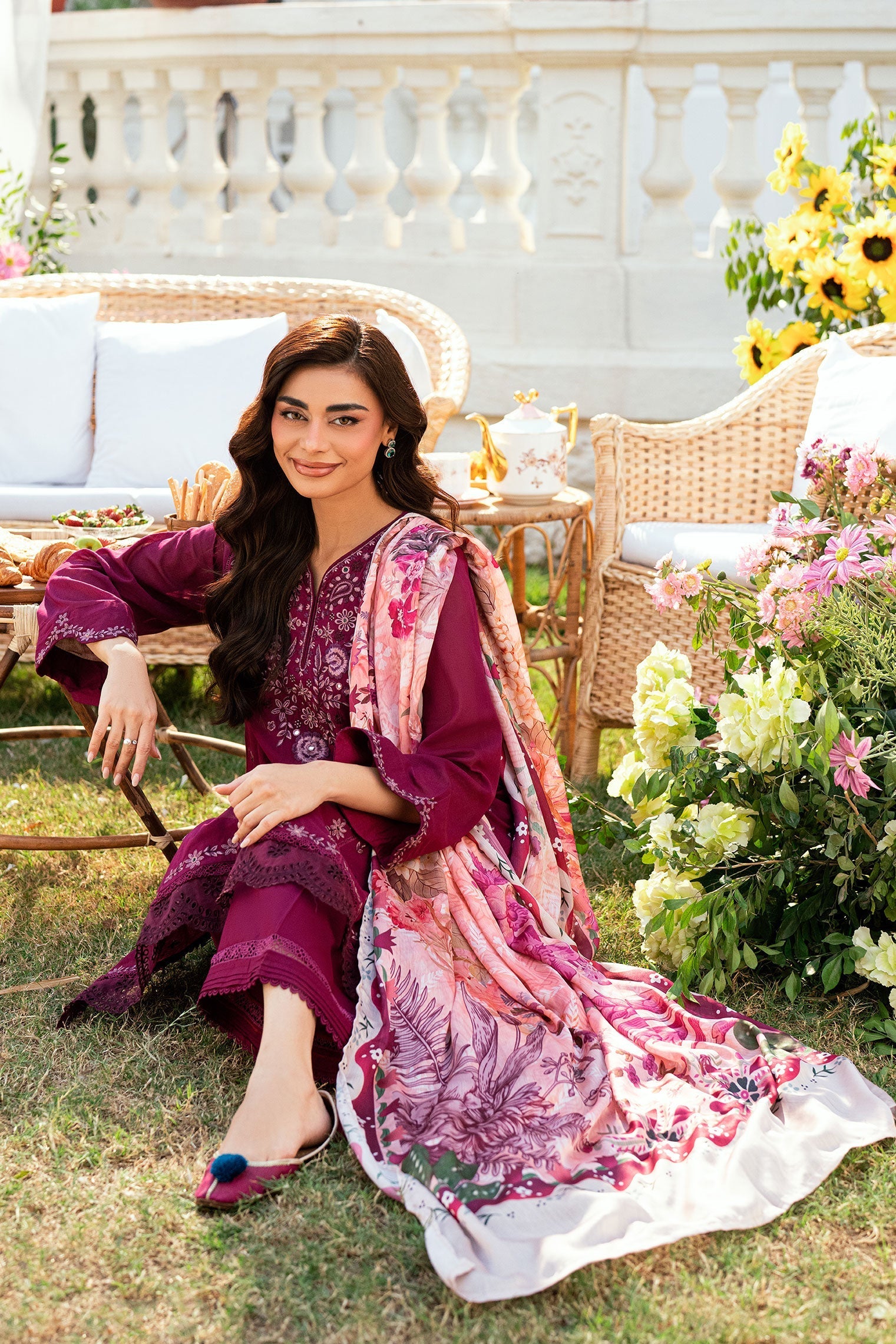 Dhanak | SWISS VOILE | MAGENTA SWISS VOILE 2PCS EMBROIDERED KURTA WITH TROUSER - House Of Hania