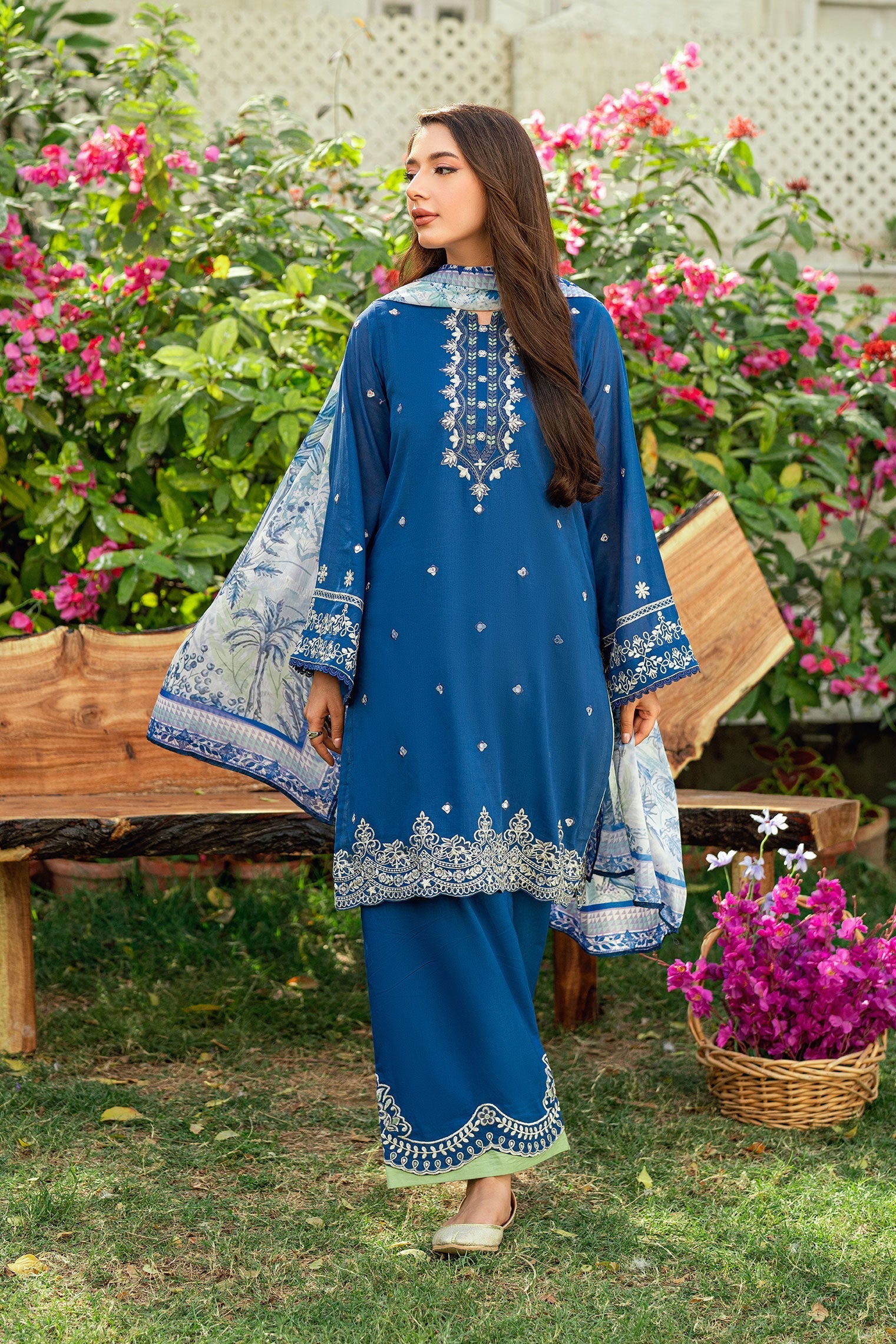 Dhanak | SWISS VOILE | NAVY BLUE SWISS VOILE 2PCS EMBROIDERED KURTA WITH TROUSER - House Of Hania