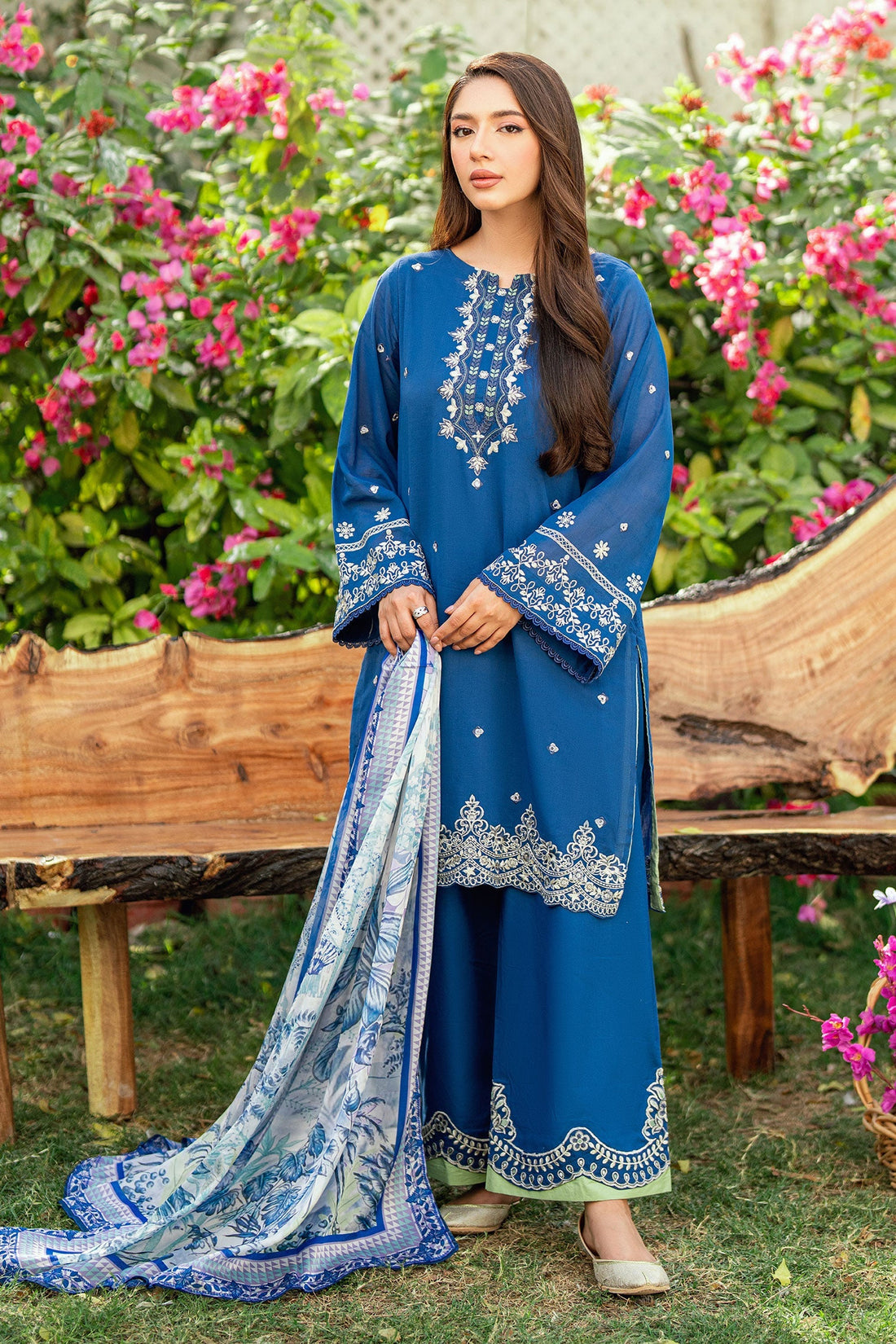 Dhanak | SWISS VOILE | NAVY BLUE SWISS VOILE 2PCS EMBROIDERED KURTA WITH TROUSER - House Of Hania