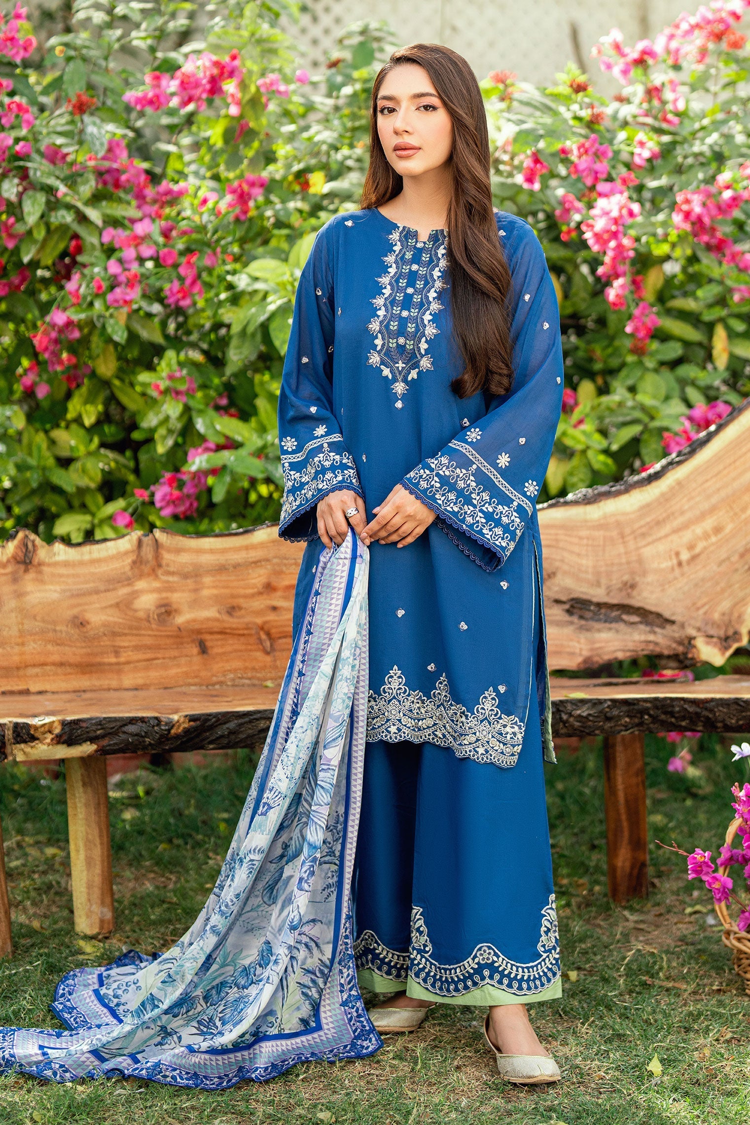 Dhanak | SWISS VOILE | NAVY BLUE SWISS VOILE 2PCS EMBROIDERED KURTA WITH TROUSER - House Of Hania