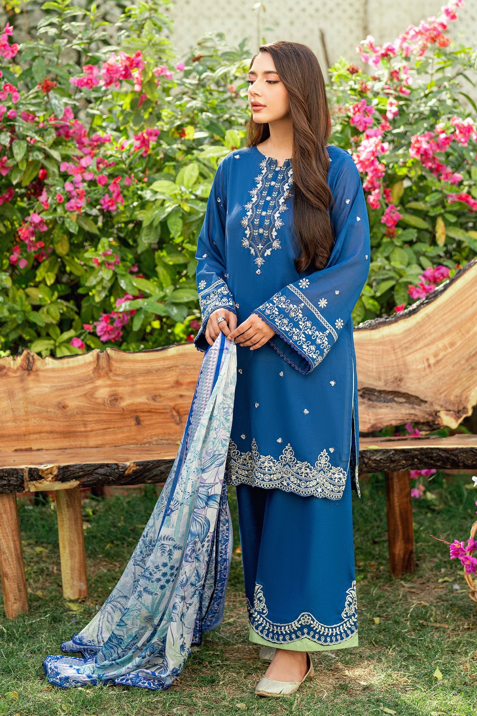 Dhanak | SWISS VOILE | NAVY BLUE SWISS VOILE 2PCS EMBROIDERED KURTA WITH TROUSER - House Of Hania