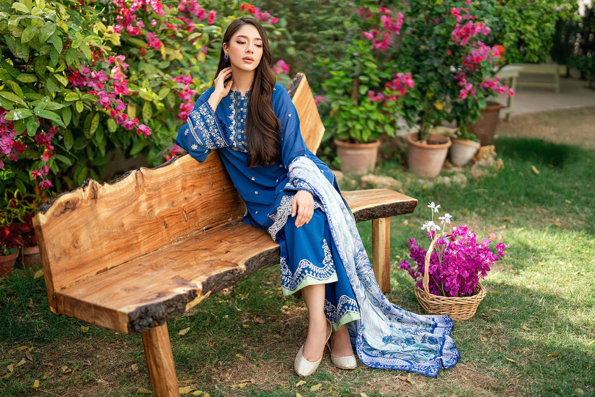 Dhanak | SWISS VOILE | NAVY BLUE SWISS VOILE 2PCS EMBROIDERED KURTA WITH TROUSER - House Of Hania