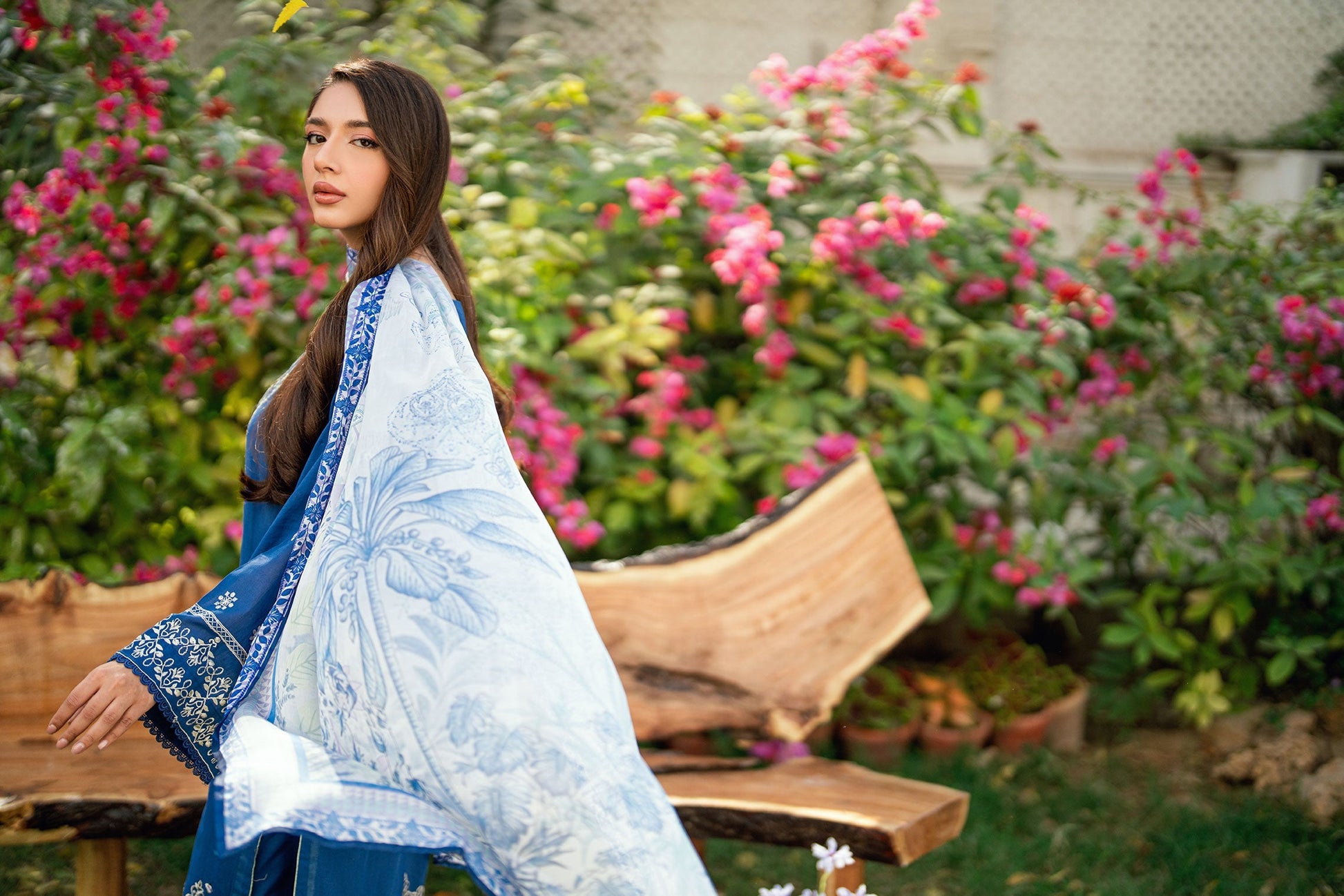 Dhanak | SWISS VOILE | NAVY BLUE SWISS VOILE 2PCS EMBROIDERED KURTA WITH TROUSER - House Of Hania