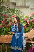 Dhanak | SWISS VOILE | NAVY BLUE SWISS VOILE 2PCS EMBROIDERED KURTA WITH TROUSER - House Of Hania