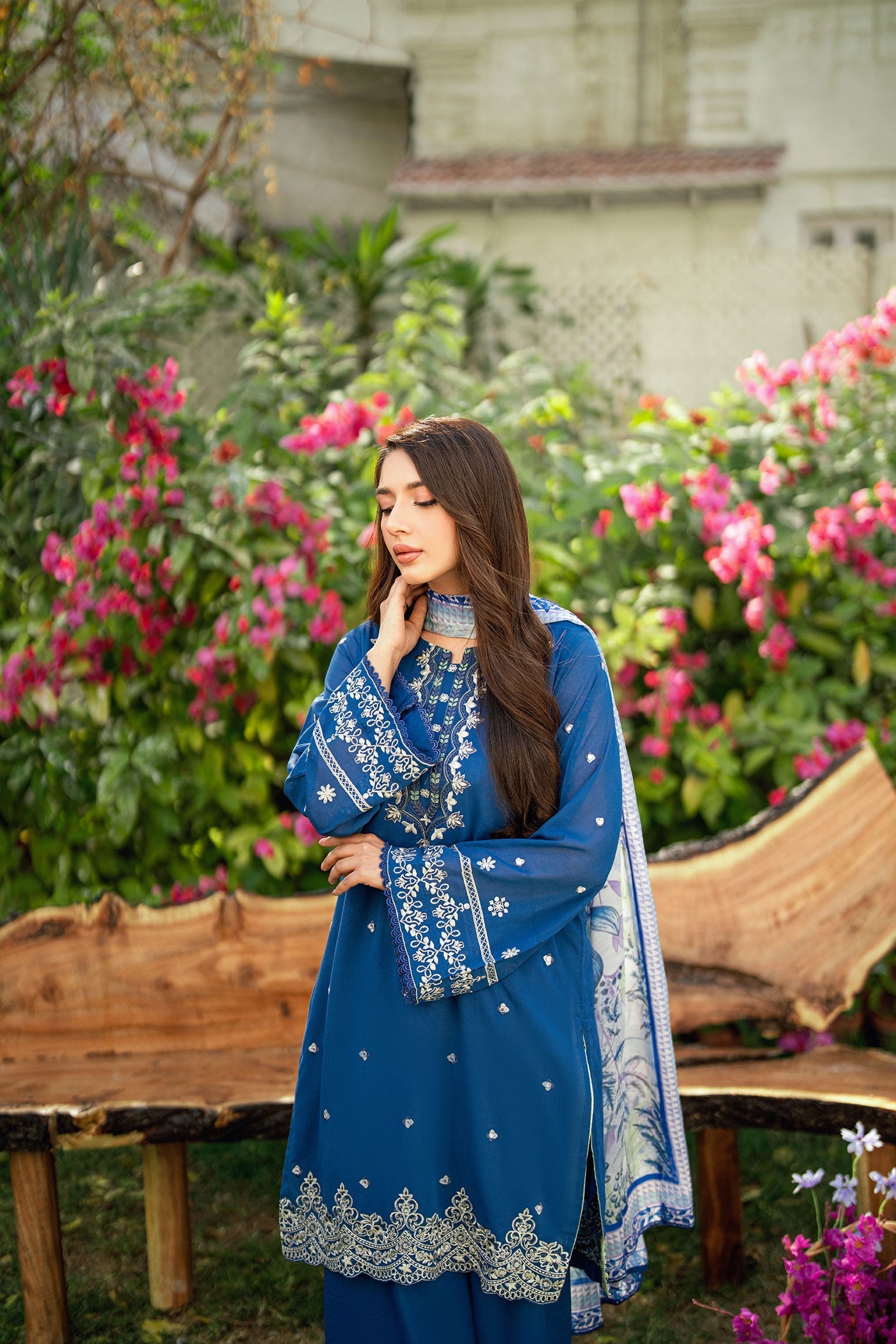 Dhanak | SWISS VOILE | NAVY BLUE SWISS VOILE 2PCS EMBROIDERED KURTA WITH TROUSER - House Of Hania