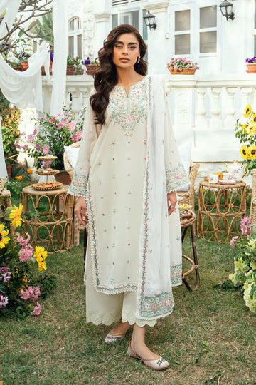 Dhanak | SWISS VOILE | OFF WHITE SWISS VOILE 2PCS EMBROIDERED KURTA WITH TROUSER - House Of Hania