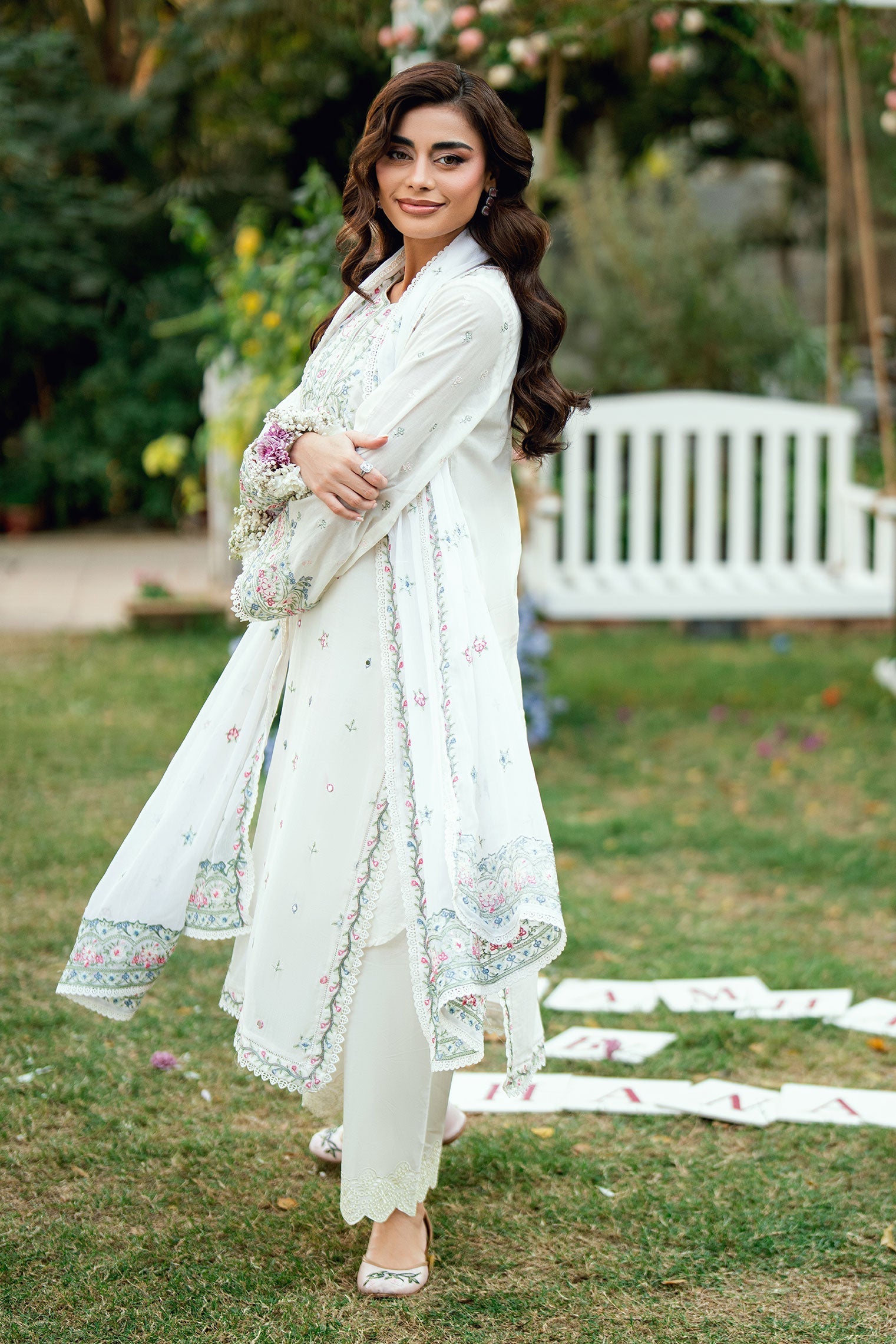 Dhanak | SWISS VOILE | OFF WHITE SWISS VOILE 2PCS EMBROIDERED KURTA WITH TROUSER - House Of Hania